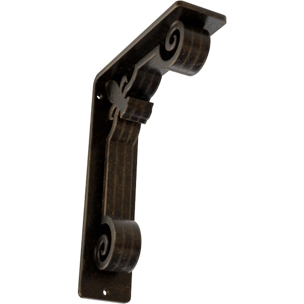 Ekena Millwork Fleur De Lis Wrought Iron Bracket, (Triple center brace), Antiqued Brass 2"W x 5 1/2"D x 8"H BKTM02X05X08TFLABS - main